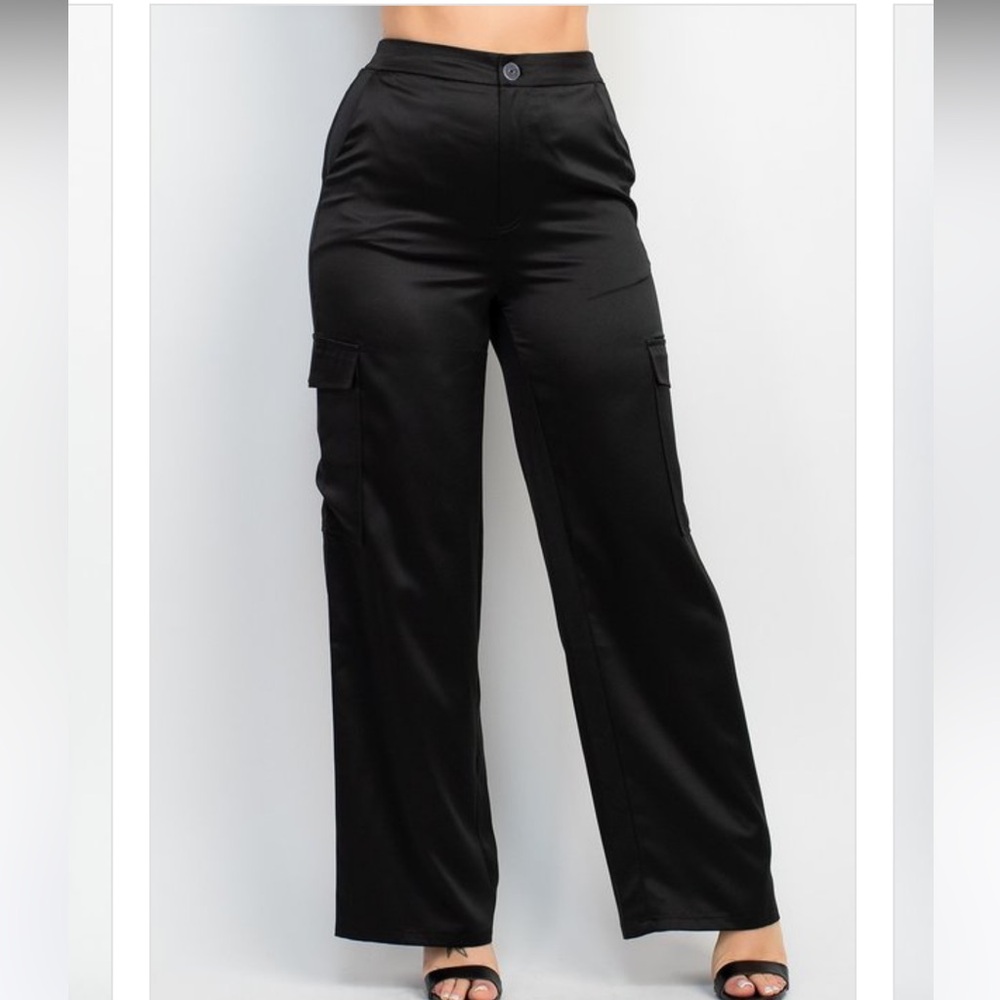 A pair of fashion-forward satin cargo pants